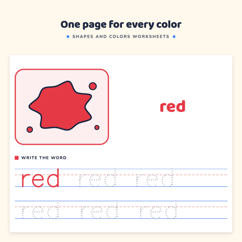 Red page: a red splash, the word red to trace and write, and pictures to circle that are red, such as an apple, a strawberry and a heart