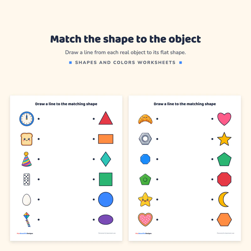 Two matching pages with objects such as a clock, toast and a hat on the left and colored shapes on the right