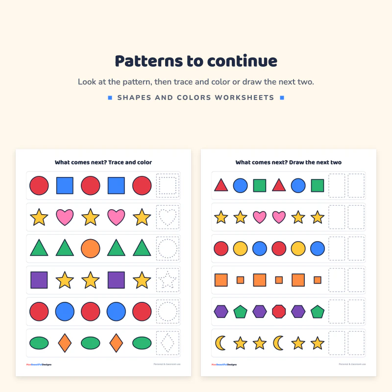 What comes next page with rows of colored shapes to continue next to a page where the child draws the next two shapes