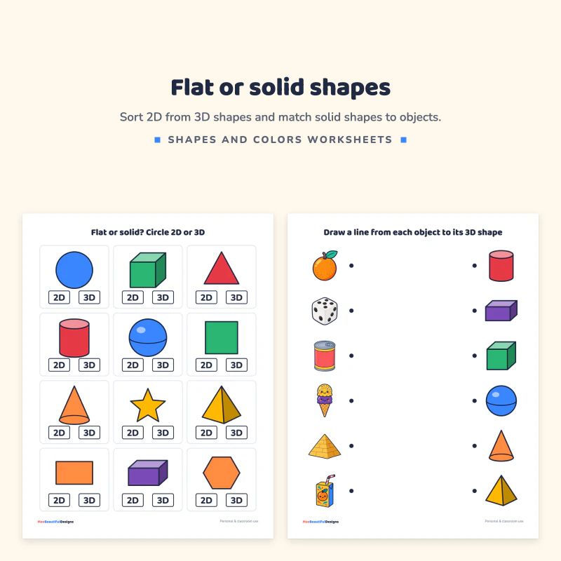 Flat or solid page with shapes marked 2D and 3D to circle next to a page for drawing a line from objects to 3D shapes