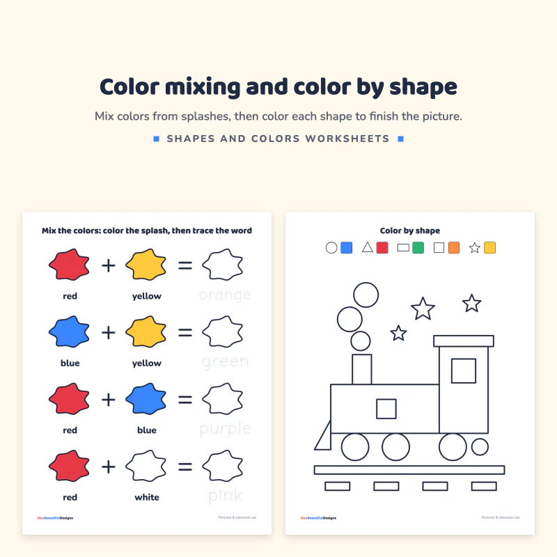 Mix the colors page with splashes of red, yellow and blue next to a color by shape page with an outlined train
