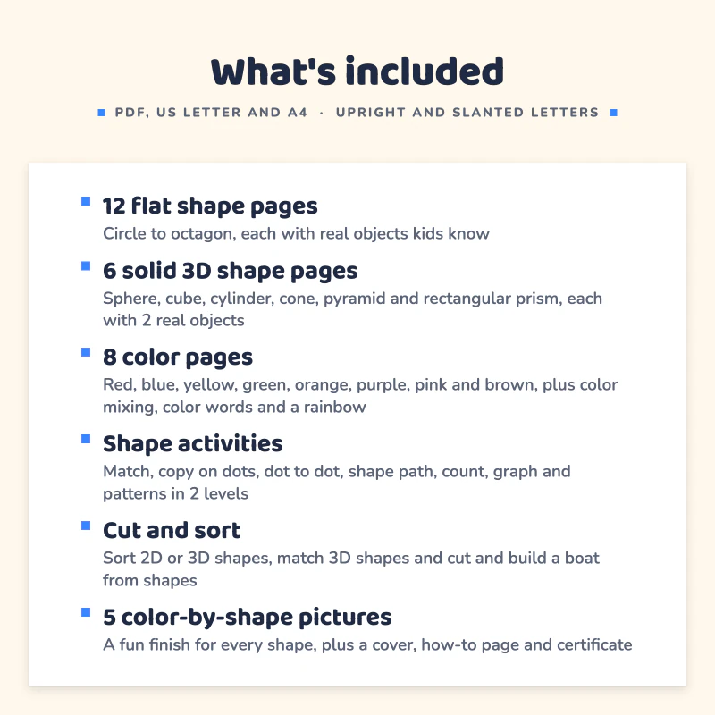List of what is included in Shapes and Colors Worksheets: 12 flat shape pages, 6 solid 3D shape pages, 8 color pages, Shape activities, Cut and sort, 5 color-by-shape pictures.
