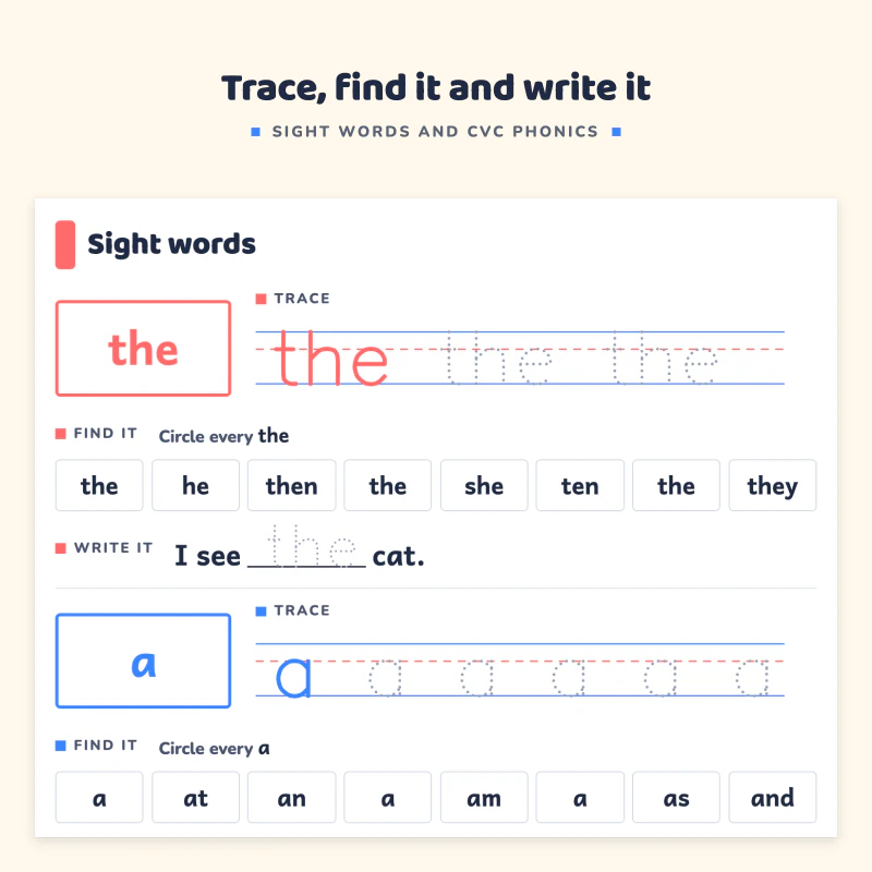 Sight words page: the, a and I each with a trace row, a find it row of words to circle and a sentence to write