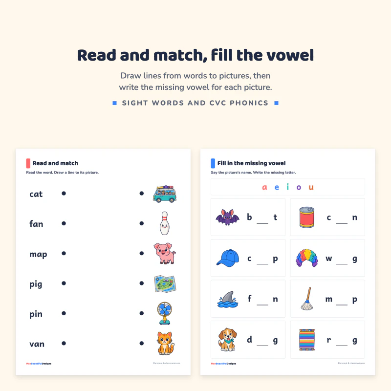Read and match page with words cat, fan, map, pig, pin, van and pictures, next to a fill in the missing vowel page