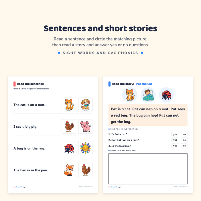 Read the sentence page with four sentences and picture pairs, next to the story Pat the Cat with yes or no questions