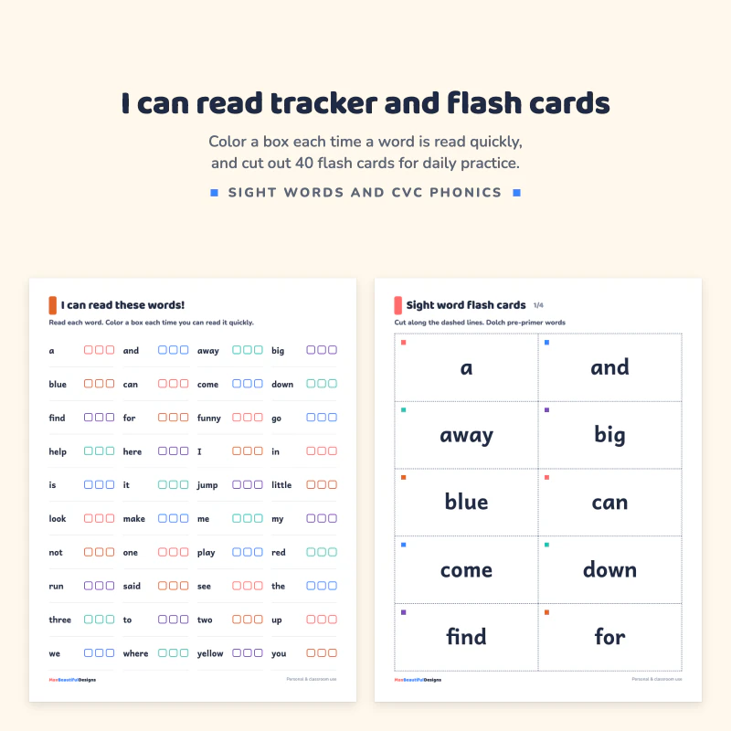 I can read these words tracker with boxes to color, next to a page of cut-out sight word flash cards