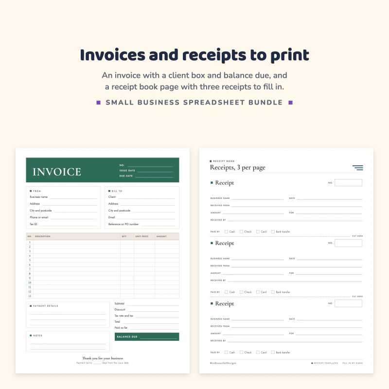 Invoice page with a green header, from and bill to boxes and an item table, next to a receipt book page with three receipts per page