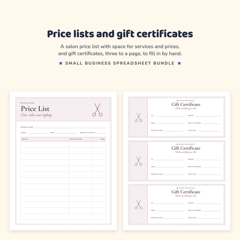 Hair salon price list page with an empty price table, next to a page with three gift certificates with scissors icons