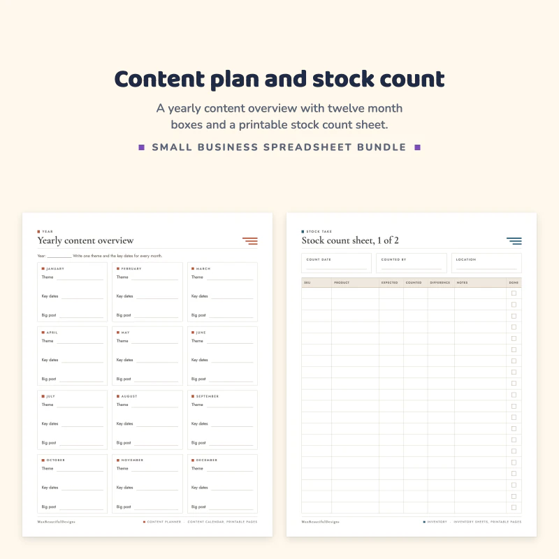 Yearly content overview page with twelve month boxes for theme, key dates and big post, next to a stock count sheet table with product, expected and counted columns