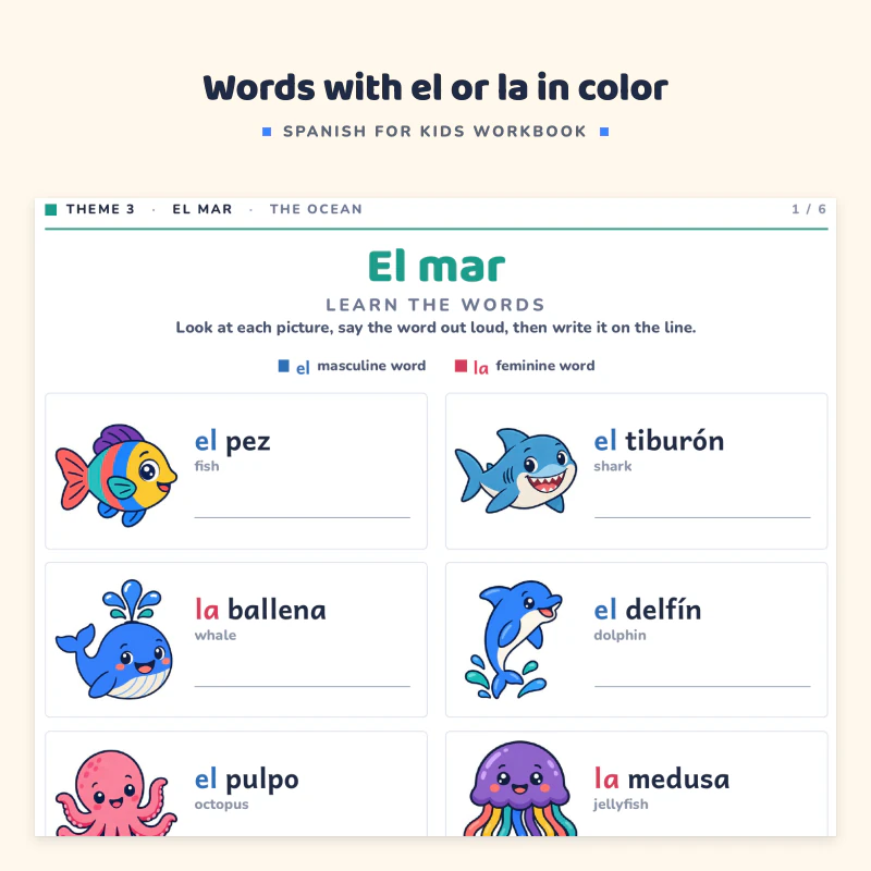 Top of the sea vocabulary page: pictures of a fish, shark, whale, dolphin and octopus with the Spanish words el pez, el tiburon, la ballena and el delfin in gender colors
