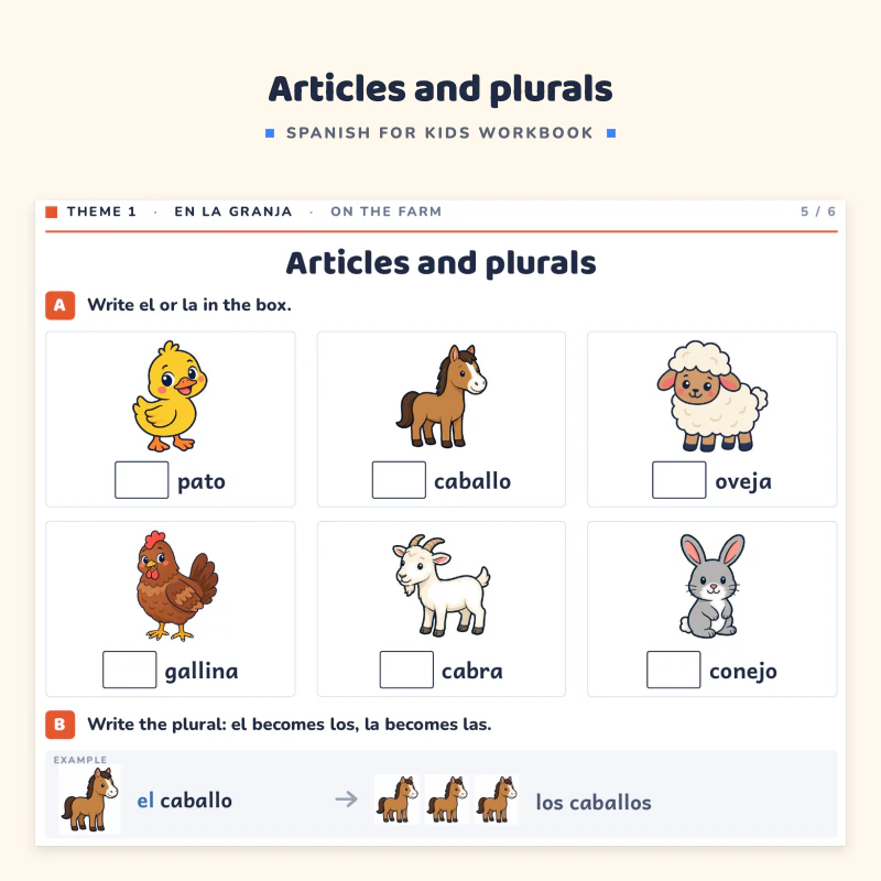 Top of the articles and plurals page: farm animal pictures with el or la words such as el caballo and la gallina, and a plural exercise