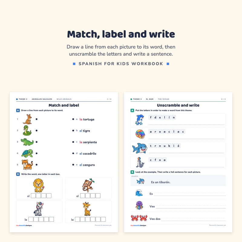 Match and label page for animals with pictures and Spanish words, next to an unscramble and write page for the sea with scrambled letters and sentence lines