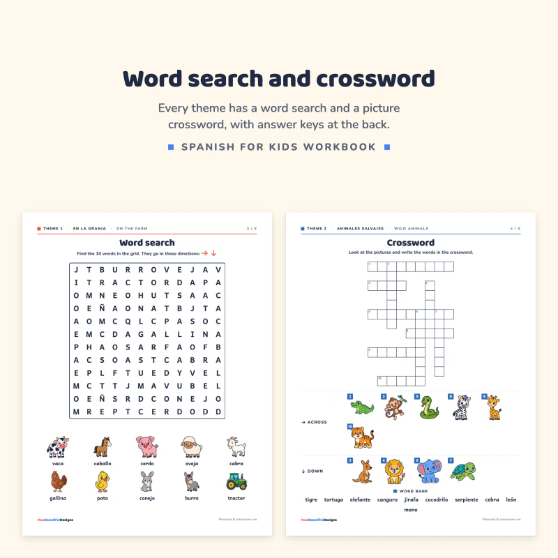 Animal word search with a letter grid and small pictures, next to a picture crossword with across and down clues