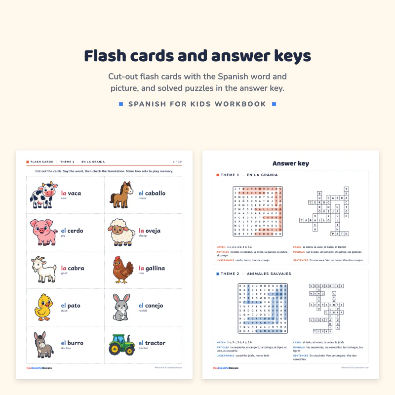 Flash card page for farm animals with pictures and Spanish words, next to an answer key page with a solved word search and crossword