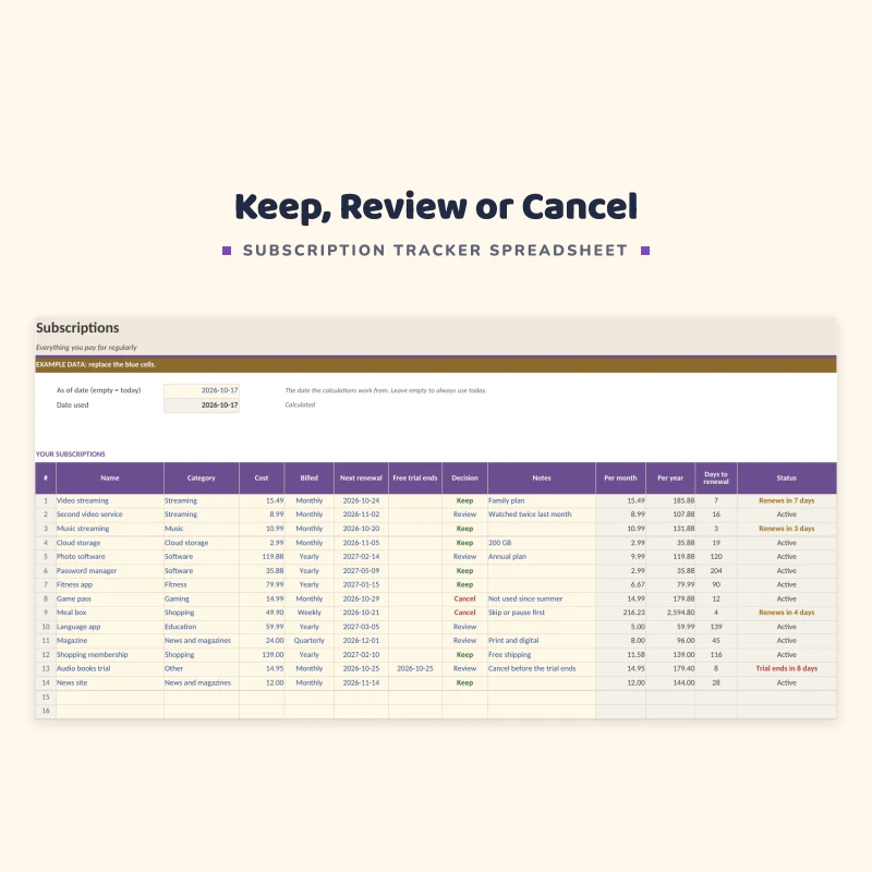 Subscriptions sheet up close: name, category, cost, billing cycle, next renewal, trial end, a Keep, Review or Cancel decision, cost per month and status