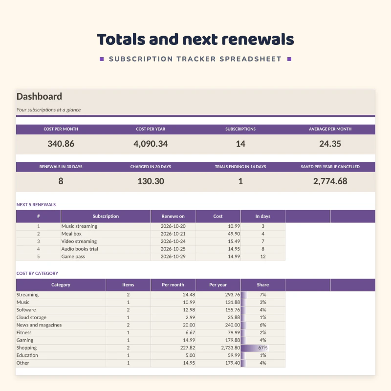 Dashboard up close: cost per month and year, number of subscriptions, renewals in 30 days, next renewals and cost by category