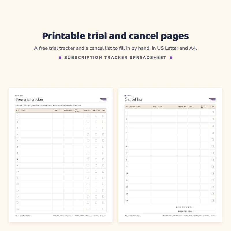 Free trial tracker page with service, trial end and cancel by columns, next to a cancel list page with why cancel and saved per month