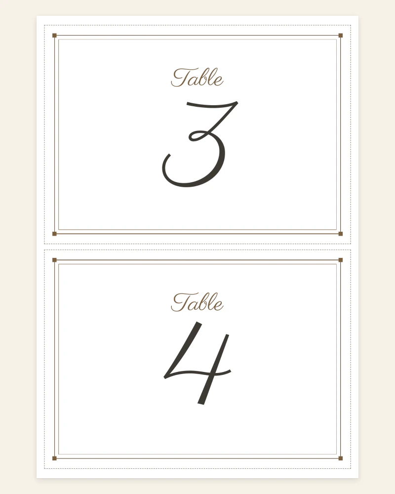 Two table number cards, Table 3 and Table 4, in script lettering with a thin double frame
