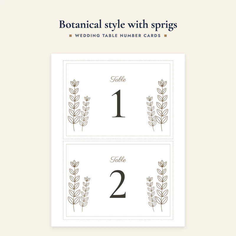Two table number cards, Table 1 and Table 2, with line drawn sprigs on both sides