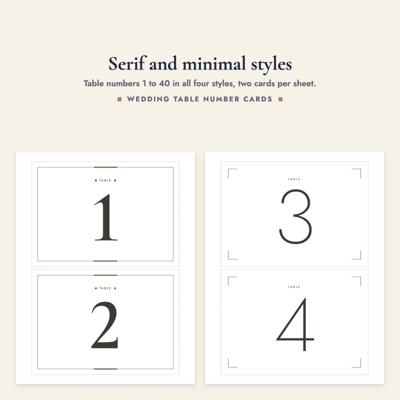 Serif table cards 1 and 2 next to minimal thin style cards 3 and 4