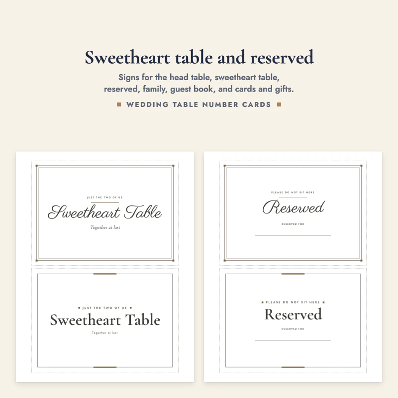 Sweetheart Table sign in script and a Reserved sign, two cards each in two styles