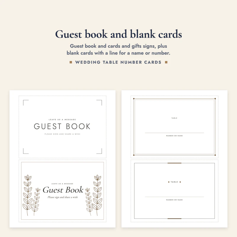 Guest Book and Cards and Gifts signs next to a page of blank table cards with lines