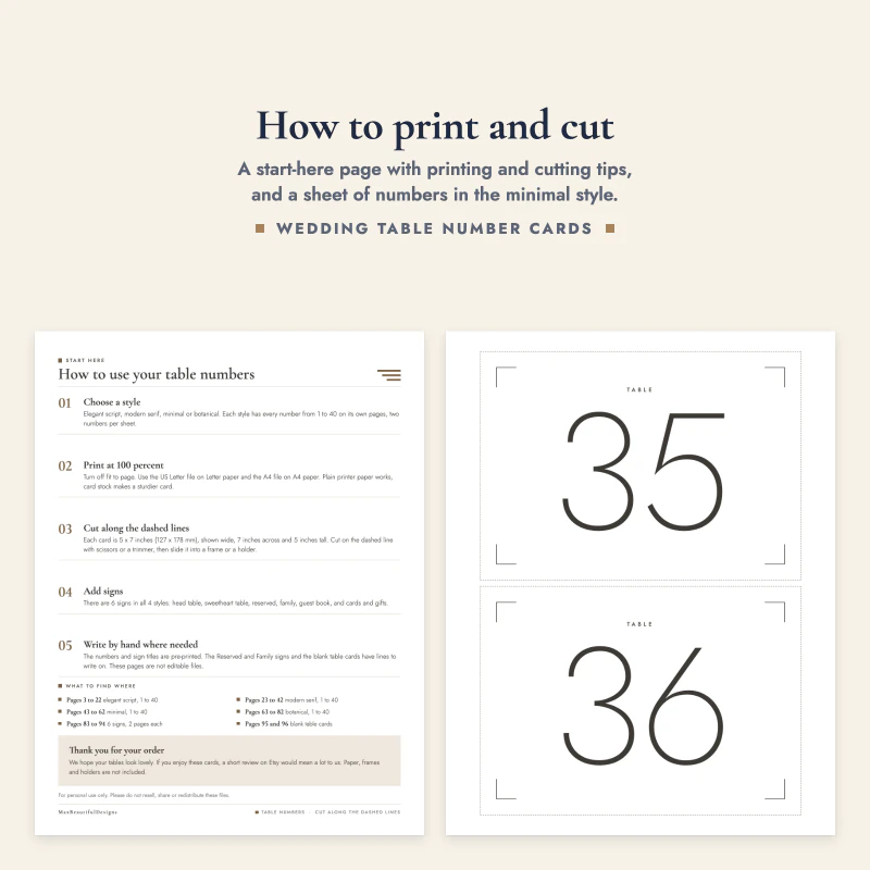 How to use your table numbers page next to table cards 35 and 36