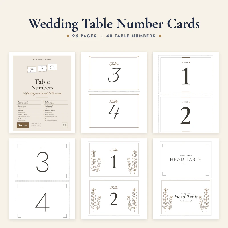 Wedding table number cards: the cover, a script style sheet, a serif style sheet, a minimal style sheet, a botanical style sheet and head table and sweetheart table signs