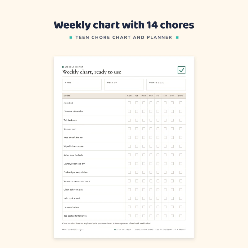 Close view of the weekly chore chart ready to use: chores such as make bed, dishes or dishwasher and tidy bedroom with tick boxes for Monday to Sunday and a points column