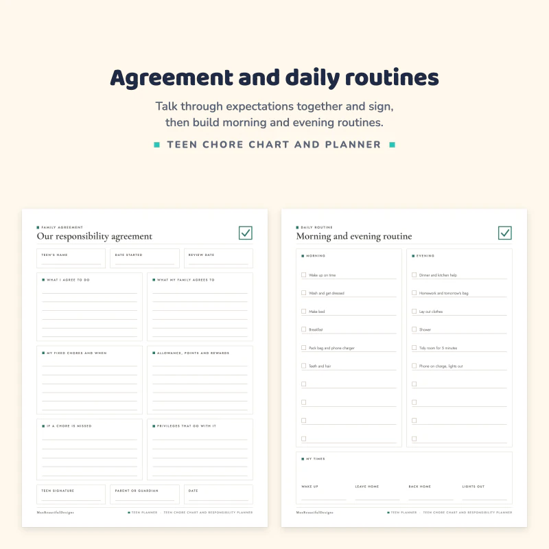 Our responsibility agreement page with boxes for chores, allowance and rewards next to the morning and evening routine page