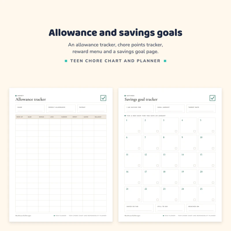 Allowance tracker table next to a savings goal tracker with 25 numbered boxes to tick