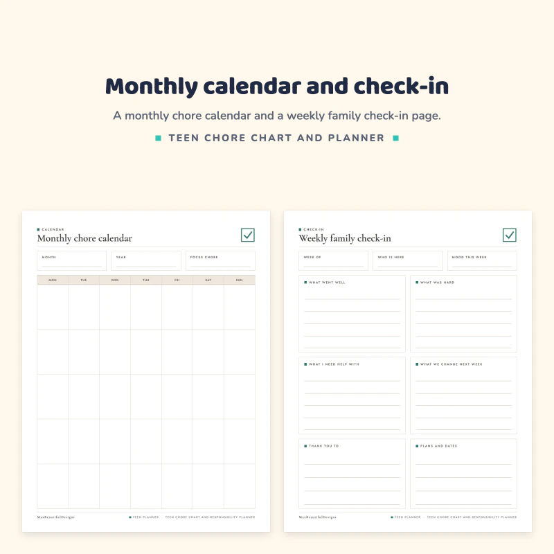 Monthly chore calendar grid next to the weekly family check-in page with boxes for what went well