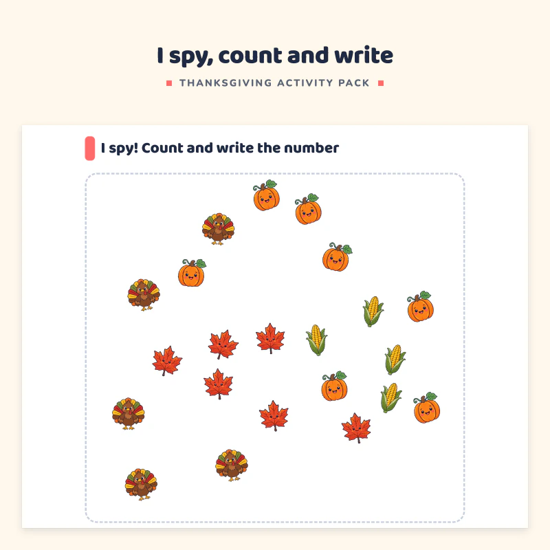 I spy page with turkeys, pumpkins, leaves and corn scattered in a frame, and boxes below to write each number