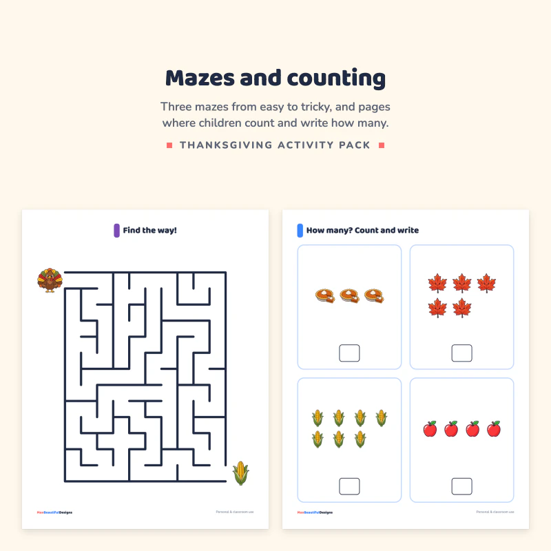 A maze page with a squirrel and an acorn, next to a how many count and write page with groups of acorns, leaves and apples