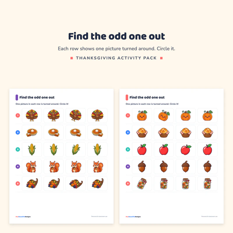 Two odd one out pages with rows of turkeys, pies, corn, squirrels, pumpkins and acorns where one picture is turned