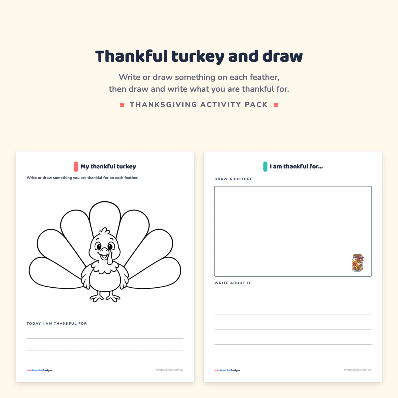 My thankful turkey page with an outline turkey with feathers to fill in, next to an I am thankful for page with a drawing box and writing lines