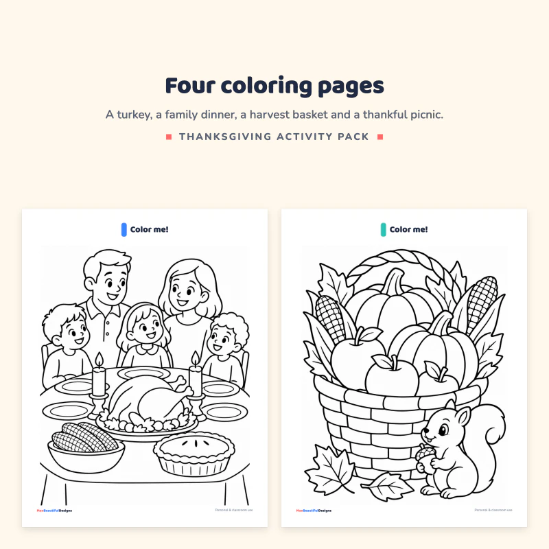 A family Thanksgiving dinner coloring page and a harvest basket coloring page with a squirrel