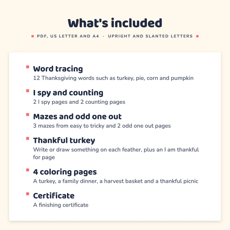 List of what is included in Thanksgiving Activity Pack: Word tracing, I spy and counting, Mazes and odd one out, Thankful turkey, 4 coloring pages, Certificate.