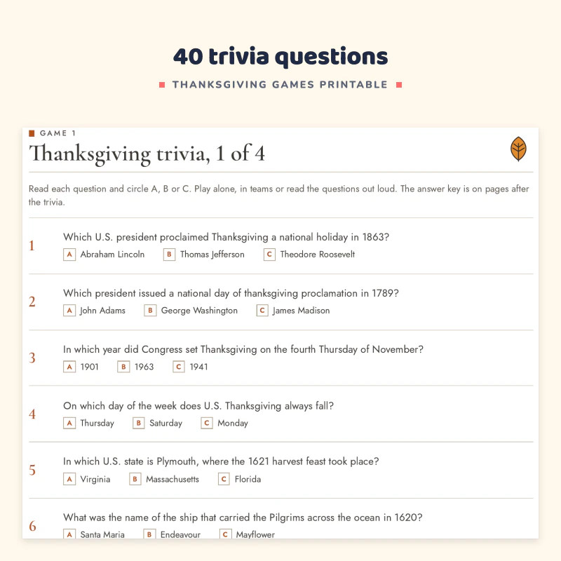 Thanksgiving trivia page 1 of 4 with ten multiple choice questions and A, B, C answer boxes