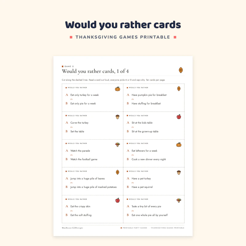 Would you rather cards page with ten cut-out cards, each with two choices A and B and a small autumn icon