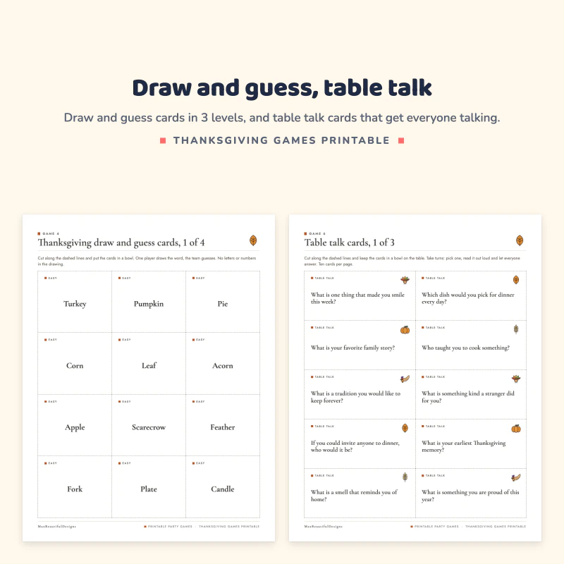 Draw and guess cards page with words such as Turkey, Pumpkin and Pie, next to table talk cards with conversation questions
