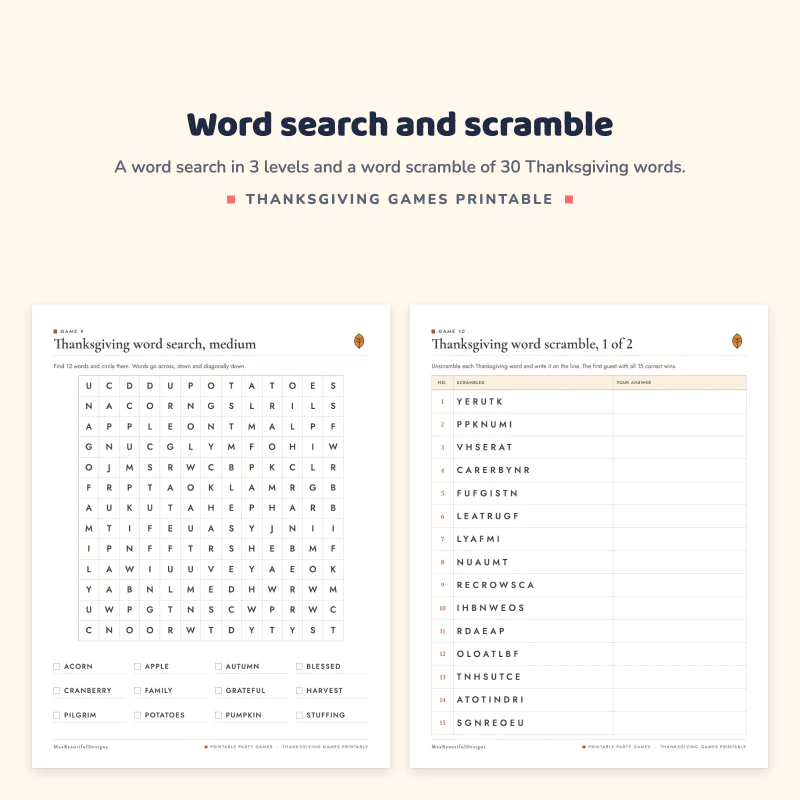 Medium word search with a word list below the grid, next to a word scramble page with scrambled words and answer lines