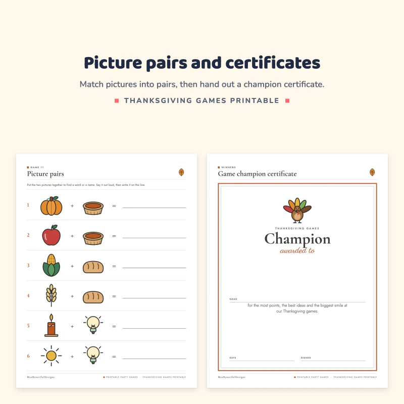 Picture pairs page with Thanksgiving icons to combine, next to the Game champion certificate with a turkey