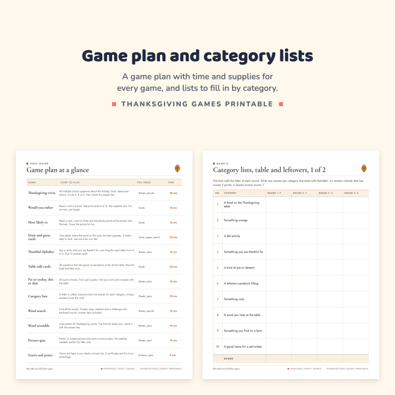 Game plan at a glance table, next to a category lists page with rounds and letters