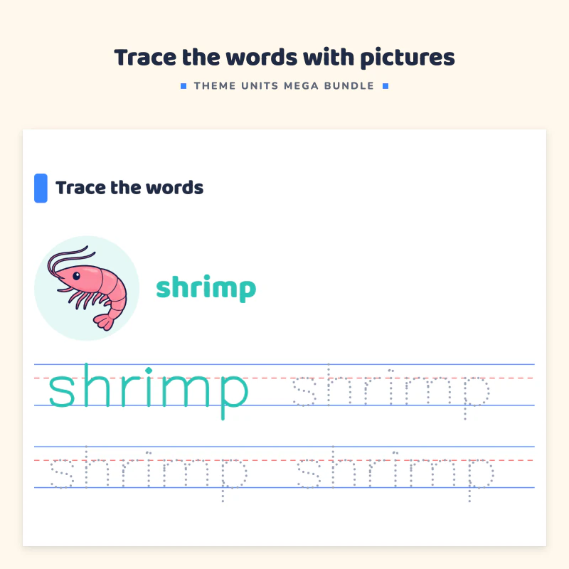 Close view of the Trace the words page: the word shrimp with its picture, and the word to trace three times on lines