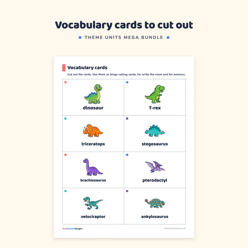 Close view of dinosaur vocabulary cards: dinosaur, T-rex, triceratops and stegosaurus with their names