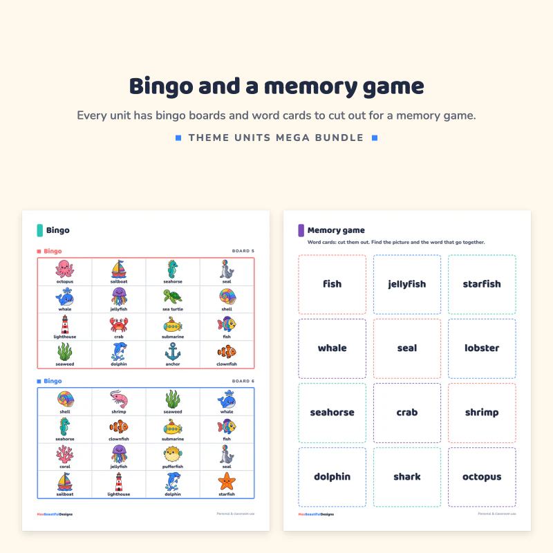Ocean bingo page with two boards next to an ocean memory game page with word cards such as fish, jellyfish and starfish