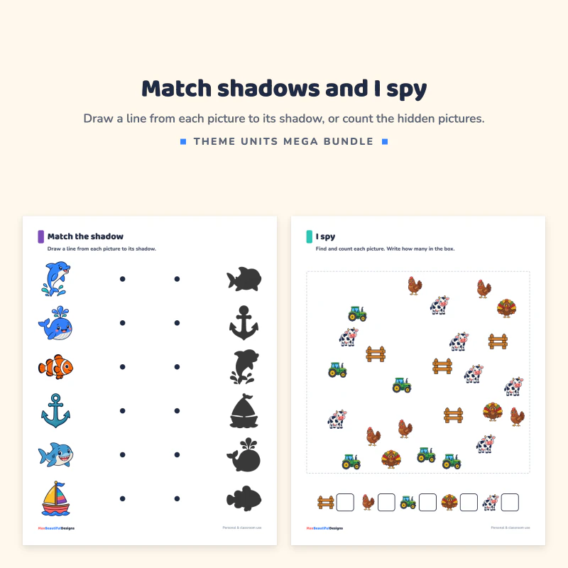 Ocean match the shadow page next to a farm I spy page with counting boxes at the bottom