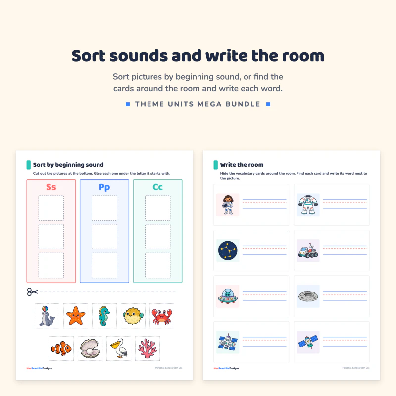 Sort by beginning sound page with Ss, Pp and Cc columns next to a Write the room page about space