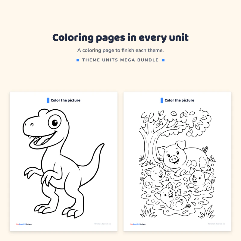A dinosaur coloring page next to a farm scene coloring page with pigs